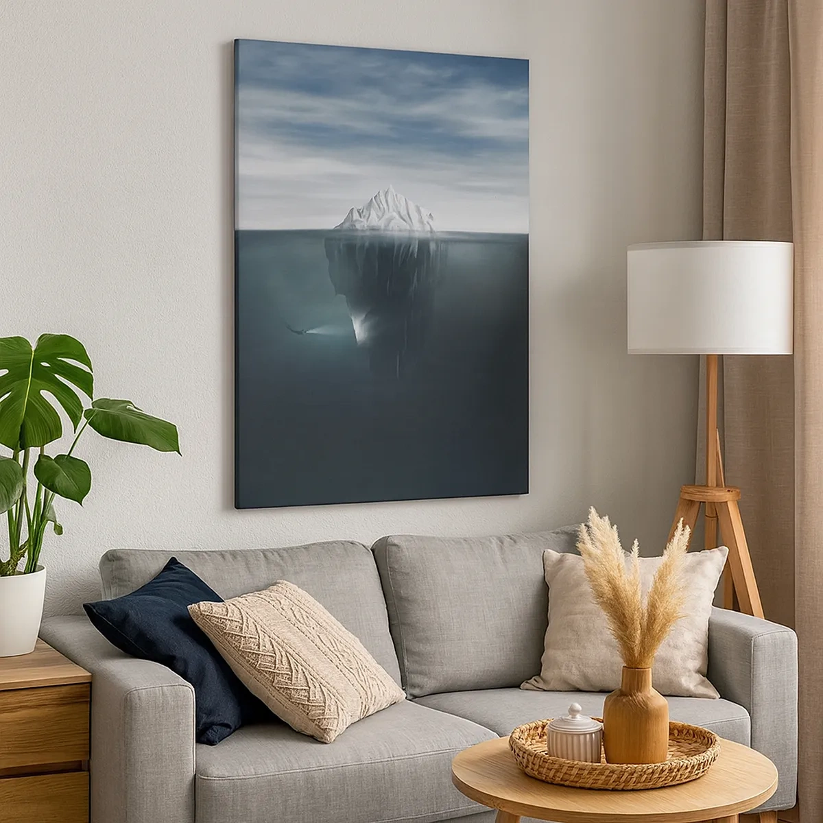 Cuadro sobre lienzo - Impresión de Imagen - Un iceberg en el agua con un buzo y un reflector debajo de la superficie. - 50x70cm - Misterio submarino - Decoración de pared moderna para salón y dormitorio ARTTOR