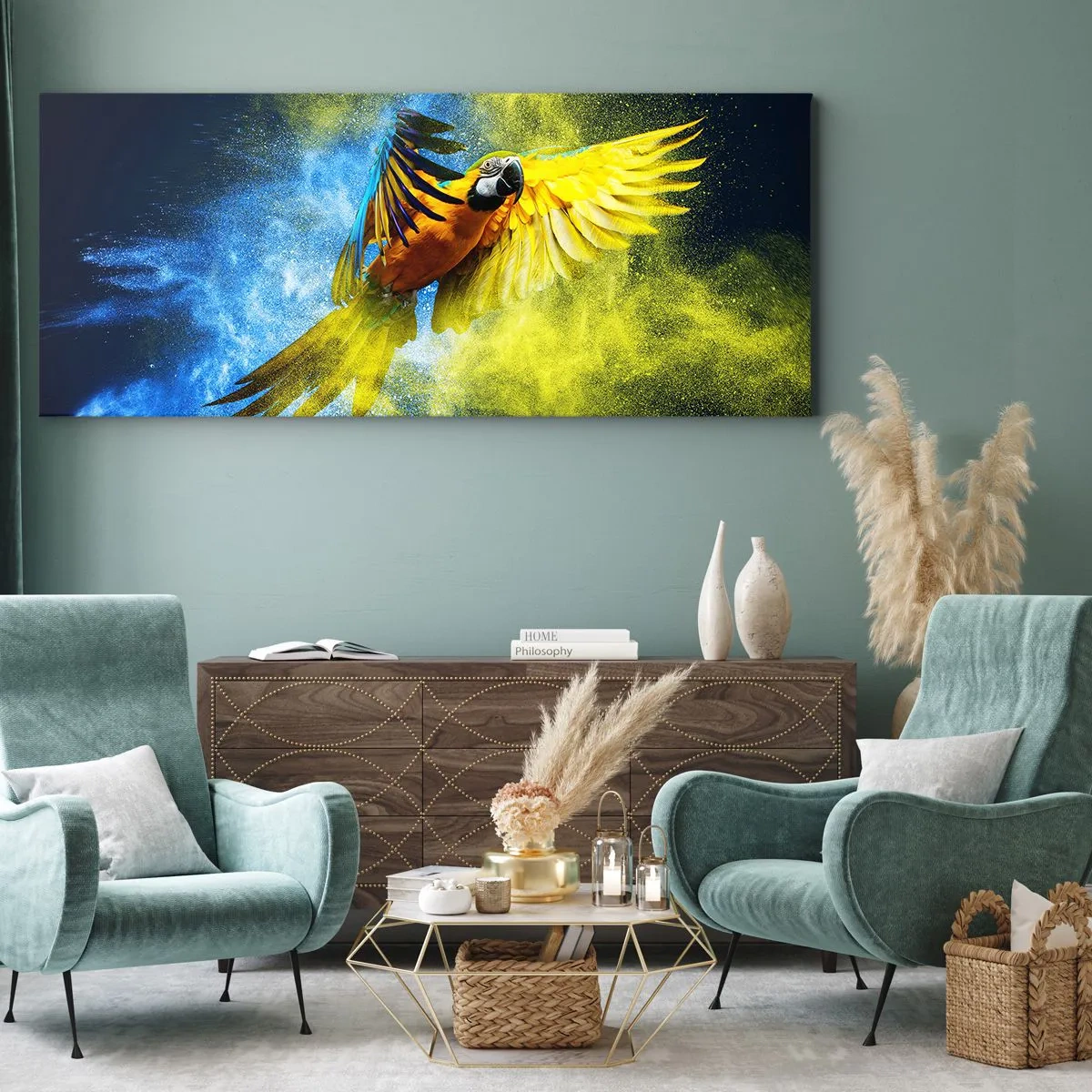 Cuadro sobre lienzo - Impresión de Imagen - Un loro en vuelo sobre un fondo de explosiones de colores amarillo y azul. - 120x50cm - En polvo azul y dorado - Decoración de pared moderna para salón y dormitorio ARTTOR