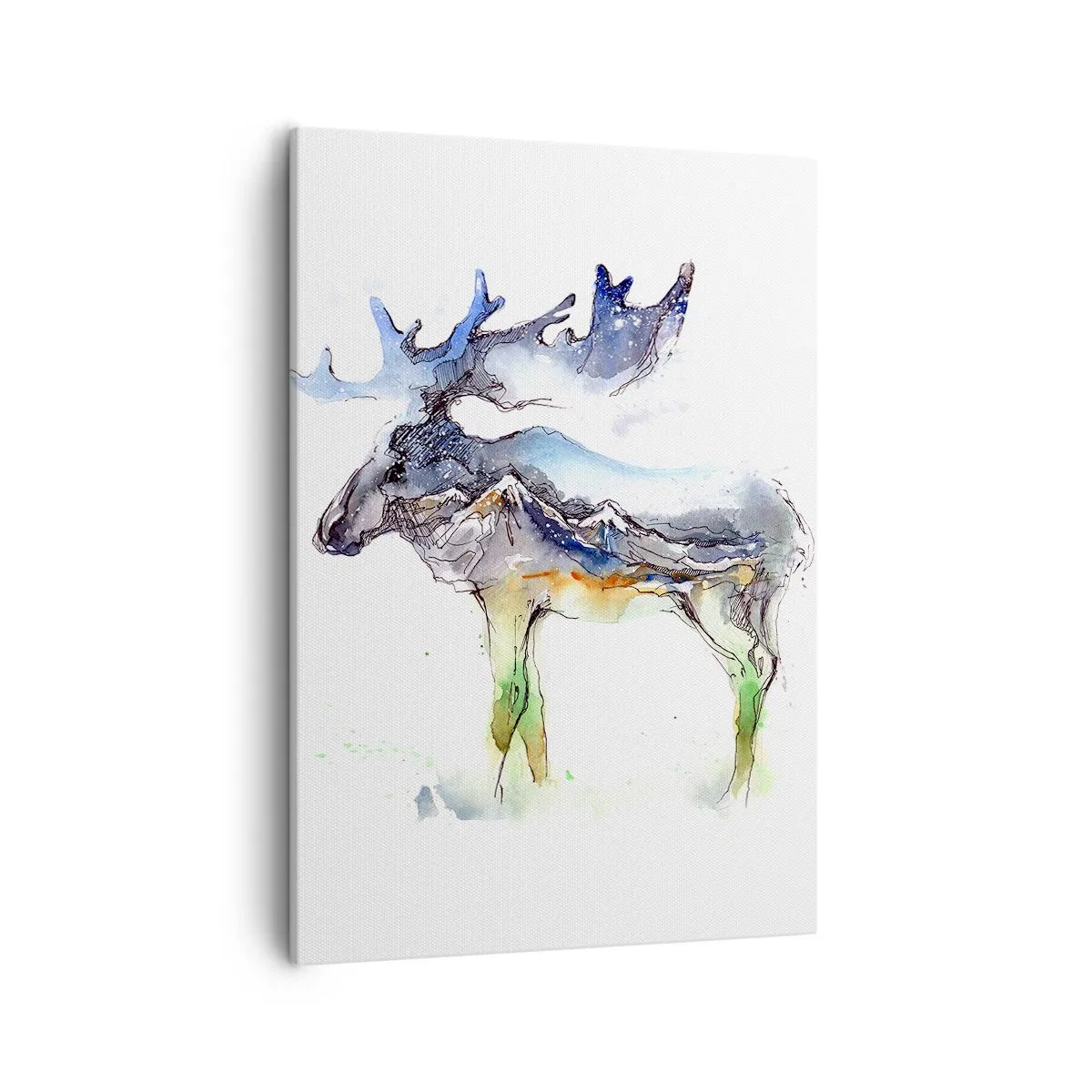 Cuadro sobre lienzo - Impresión de Imagen - Silueta de acuarela de un alce con un paisaje montañoso. - 50x70cm - El héroe de un cuento de invierno - Decoración de pared moderna para salón y dormitorio ARTTOR