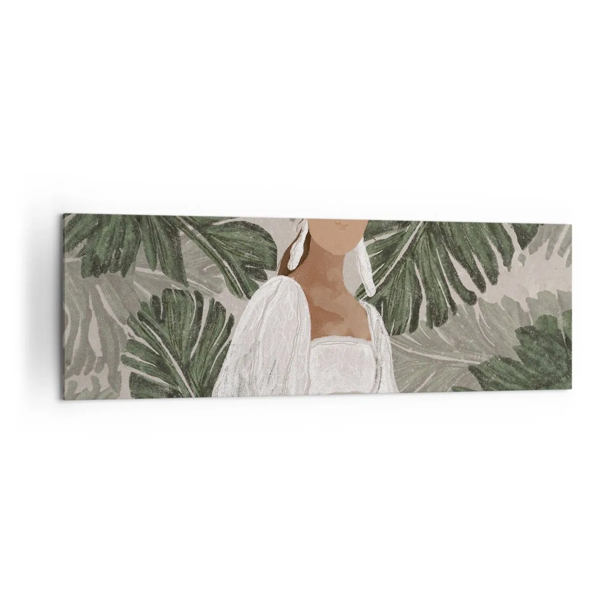 Cuadro sobre lienzo - Impresión de Imagen - Retrato de una mujer con un vestido blanco sobre un fondo de hojas de monstera. - 160x50cm - Retrato exótico - Decoración de pared moderna para salón y dormitorio ARTTOR