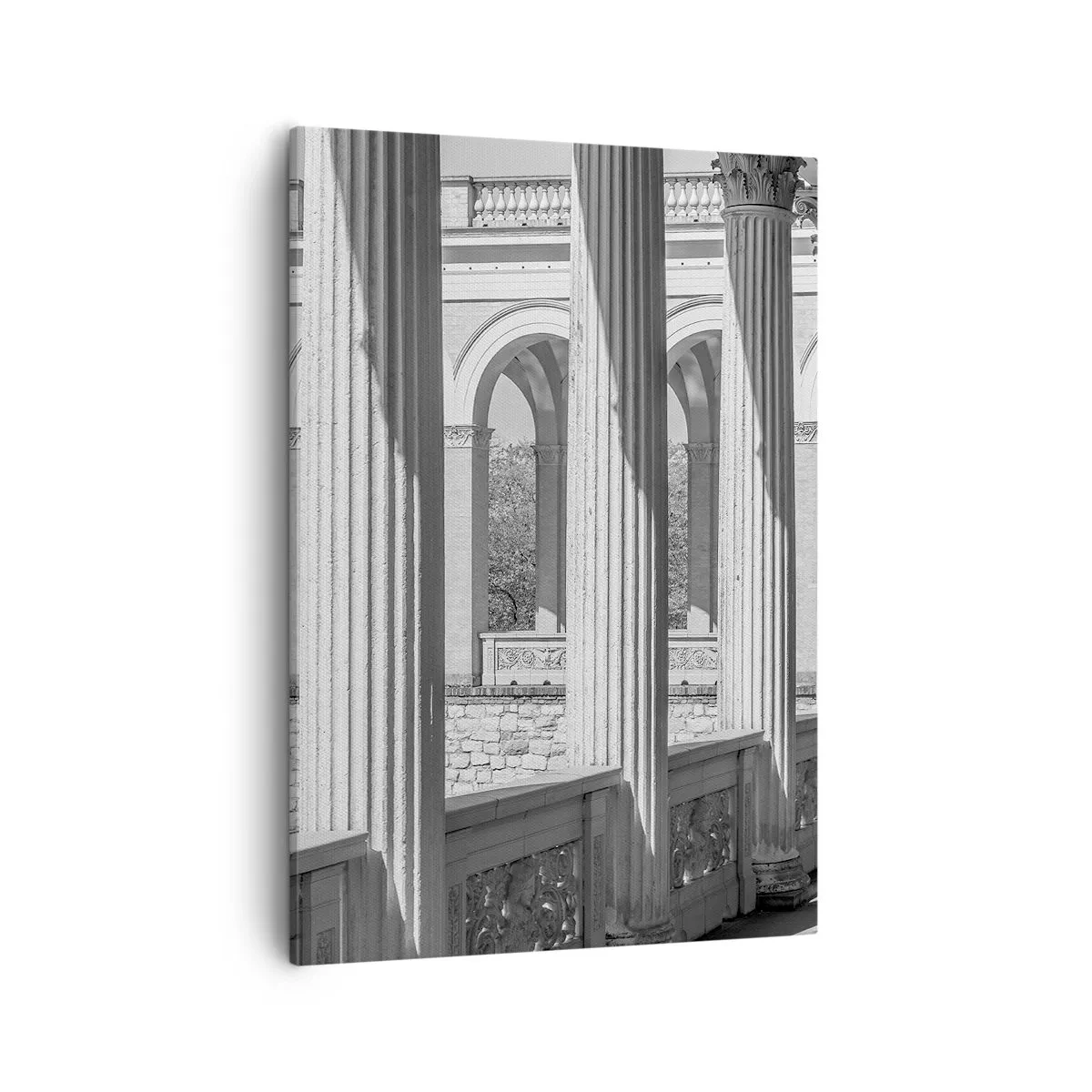 Cuadro sobre lienzo - Impresión de Imagen - Columnata de estilo clásico en blanco y negro - 50x70cm - Galería soleada - Decoración de pared moderna para salón y dormitorio ARTTOR