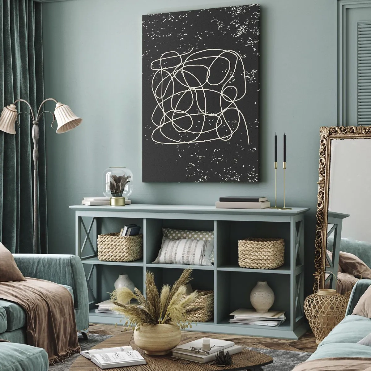 Cuadro sobre lienzo - Impresión de Imagen - Línea abstracta sobre fondo negro con finos detalles. - 80x120cm - Pensamientos errantes - Decoración de pared moderna para salón y dormitorio ARTTOR