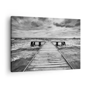 Cuadro sobre lienzo - Impresión de Imagen - Una vista en blanco y negro de un embarcadero de madera sobre un mar tempestuoso. - 70x50cm - Estoy esperando que sople el viento... - Decoración de pared moderna para salón y dormitorio ARTTOR