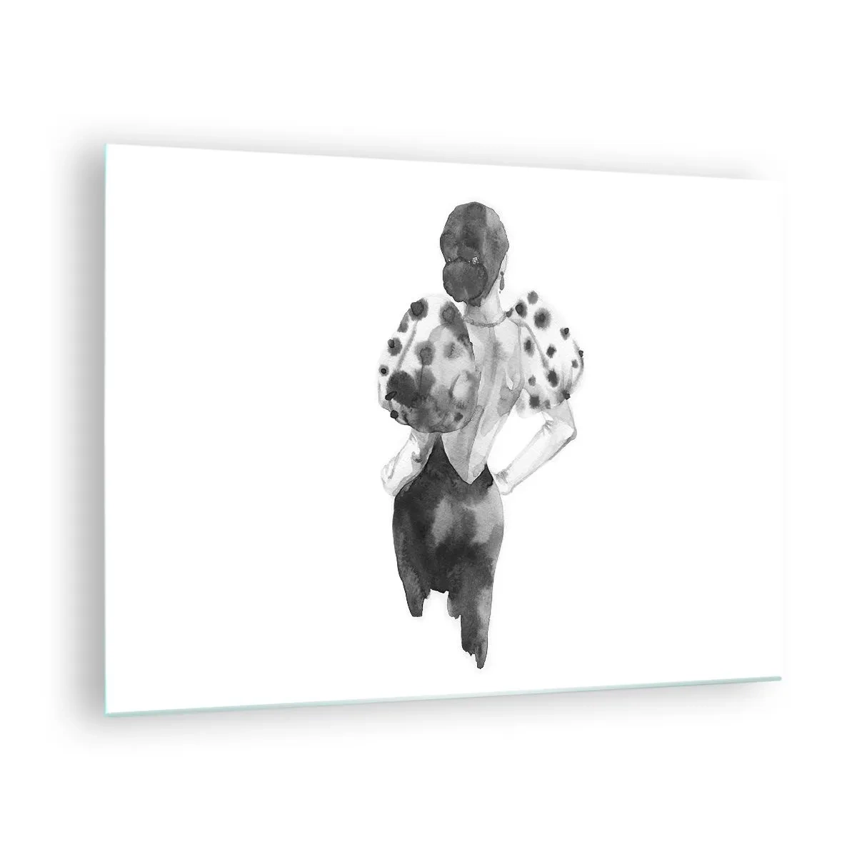 Cuadro sobre vidrio - Impresiones sobre Vidrio - Silueta en blanco y negro de una mujer con un traje elegante. - 70x50cm - Pasa justo por aquí - Decoración de pared moderna para salón y dormitorio ARTTOR
