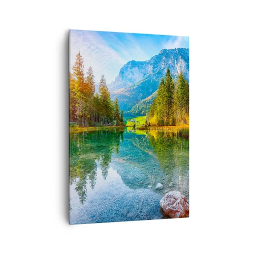 Cuadro sobre lienzo - Impresión de Imagen - Un pintoresco lago rodeado de montañas y bosques. - 70x100cm - La dulzura del otoño - Decoración de pared moderna para salón y dormitorio ARTTOR
