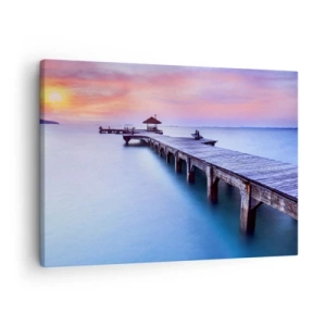 Cuadro sobre lienzo - Impresión de Imagen - Muelle de madera que conduce al agua durante la puesta de sol. - 70x50cm - Un mar de calma hasta el horizonte - Decoración de pared moderna para salón y dormitorio ARTTOR