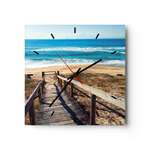 Reloj de pared - Reloj de vidrio - Camino de madera que conduce a la playa. - 30x30cm - ¡Corre! - Decoración de pared moderna para salón y dormitorio ARTTOR
