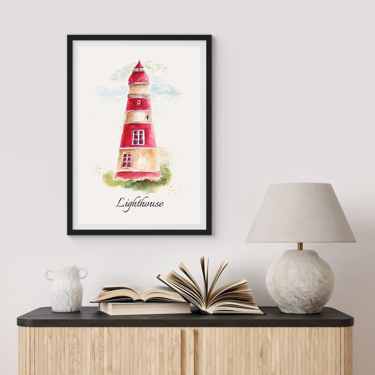 Póster en marco negro - Ilustración de acuarela de un faro sobre un fondo claro - 50x70cm - Siempre observando - Decoración de pared moderna para salón y dormitorio ARTTOR
