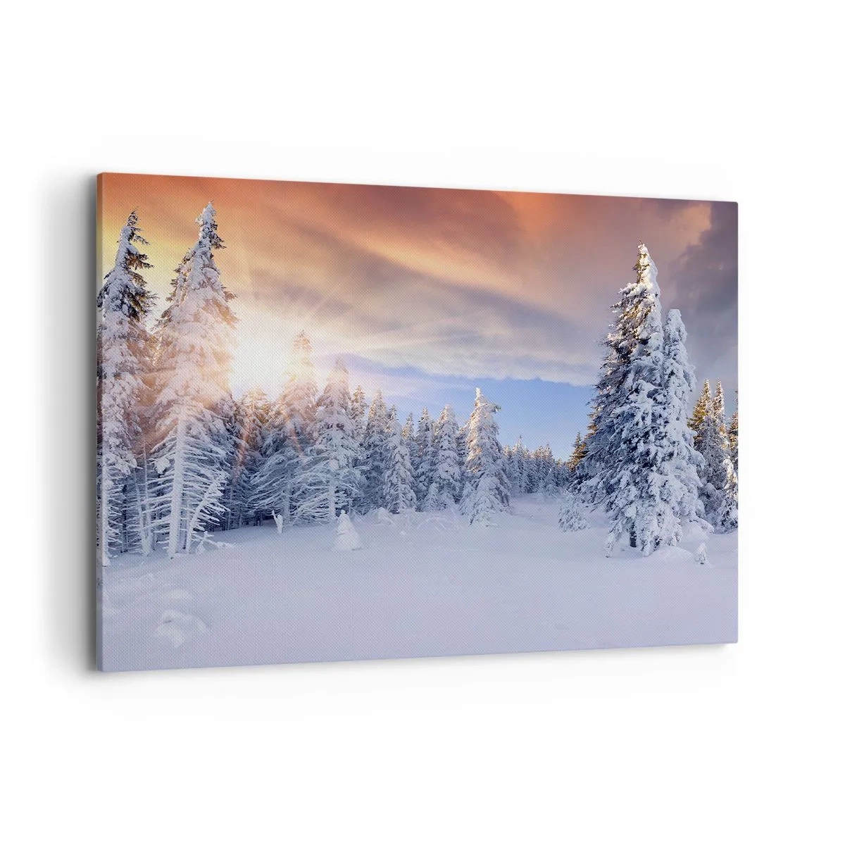Cuadro sobre lienzo - Impresión de Imagen - Paisaje invernal con un bosque nevado al atardecer - 100x70cm - Un espectáculo de naturaleza nevada - Decoración de pared moderna para salón y dormitorio ARTTOR