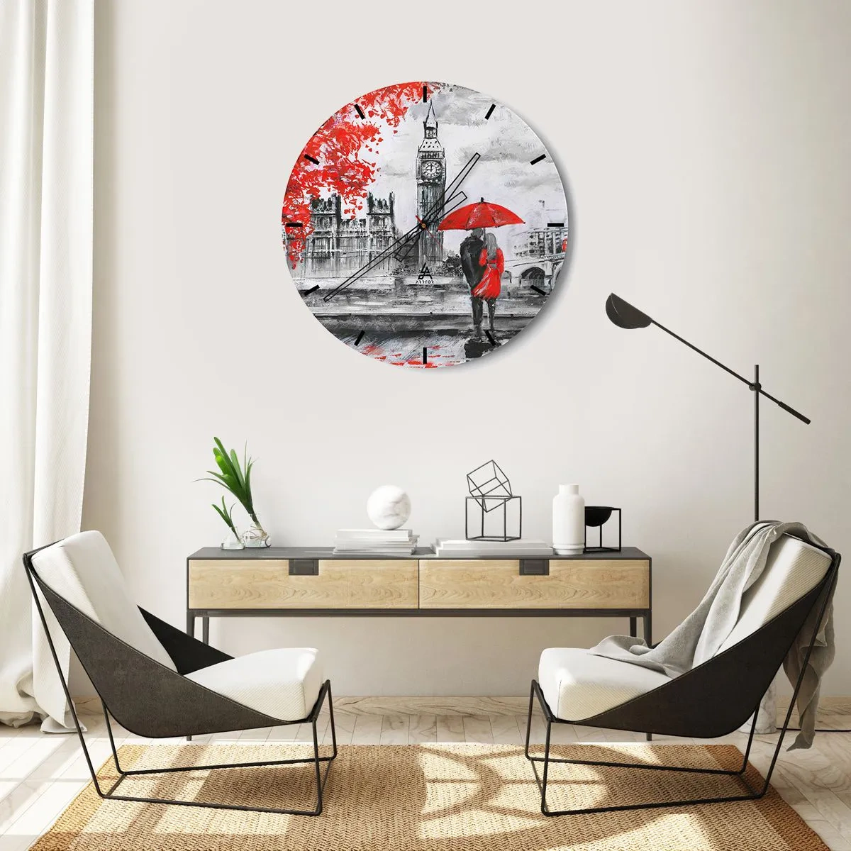 Reloj de pared - Reloj de vidrio - Una pareja bajo un paraguas rojo con el Big Ben y las Casas del Parlamento al fondo. - 30x30cm - Londres enamora - Decoración de pared moderna para salón, cocina y dormitorio ARTTOR