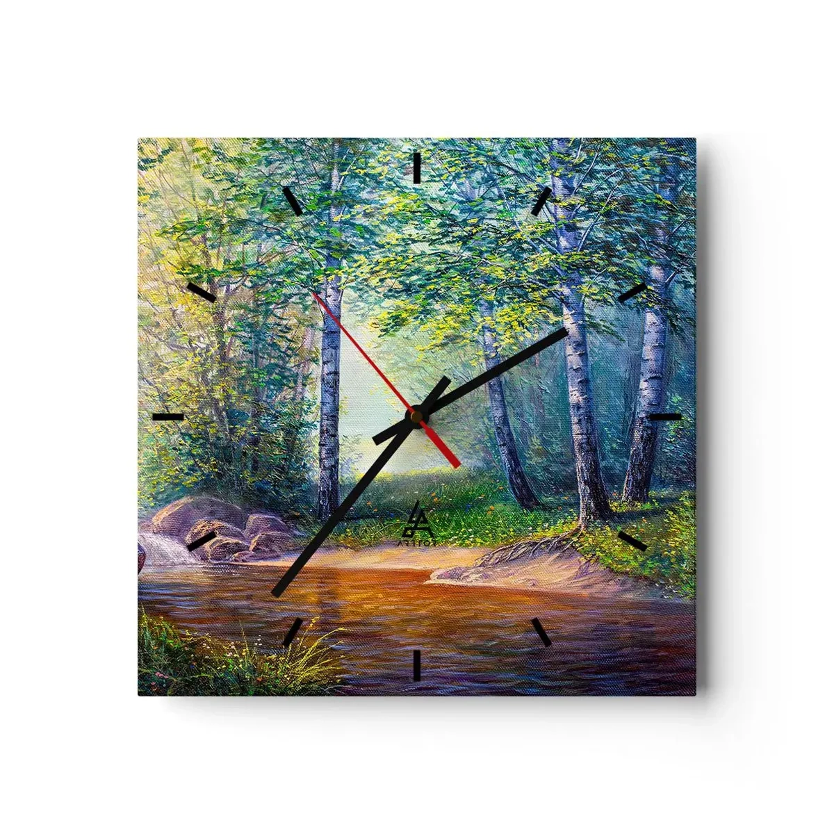 Reloj de pared - Reloj de vidrio - Un arroyo forestal rodeado de abedules y sol. - 30x30cm - Paisaje idílico - Decoración de pared moderna para salón y dormitorio ARTTOR