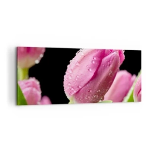 Cuadro sobre lienzo - Impresión de Imagen - Tulipán rosa con gotas de agua sobre fondo negro - 120x50cm - Un sueño de lilas en el rocío - Decoración de pared moderna para salón y dormitorio ARTTOR