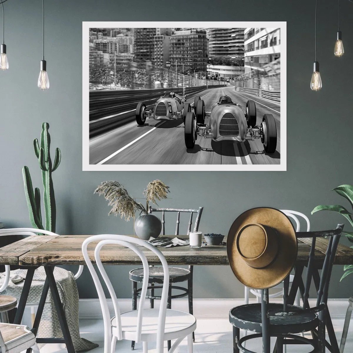 Póster - Escena de carrera de coches retro monocromática - 100x70cm - Érase una vez en Montecarlo - Decoración de pared moderna para salón y dormitorio ARTTOR