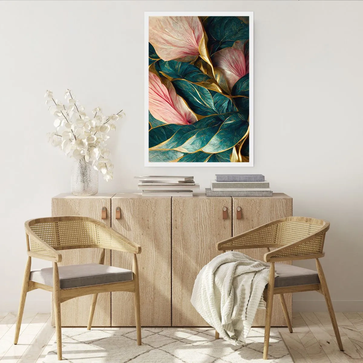 Póster - Una elegante composición de hojas en tonos verdes, dorados y rosas. - 50x70cm - Elegancia y estilo naturales - Decoración de pared moderna para salón y dormitorio ARTTOR