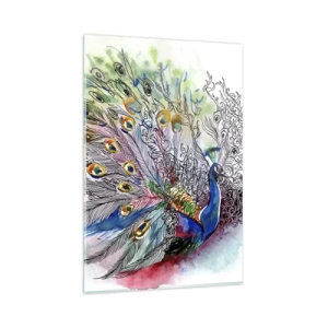 Cuadro sobre vidrio - Impresiones sobre Vidrio - Un pavo real en un colorido estilo de acuarela con plumas abstractas. - 80x120cm - Con orgullo contra el gris  - Decoración de pared moderna para salón y dormitorio ARTTOR