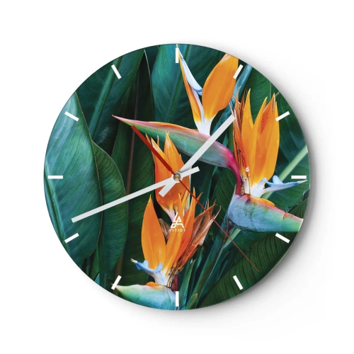 Reloj de pared - Reloj de vidrio - Flores exóticas de strelitzia sobre un fondo de hojas verdes. - 30x30cm - ¿Es una flor o es un pájaro? - Decoración de pared moderna para salón, cocina y dormitorio ARTTOR