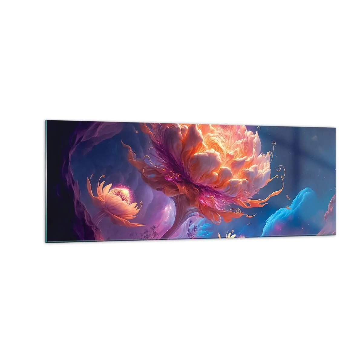 Cuadro sobre vidrio - Impresiones sobre Vidrio - Flores de fantasía en un paisaje cósmico. - 140x50cm - Otro mundo - Decoración de pared moderna para salón y dormitorio ARTTOR