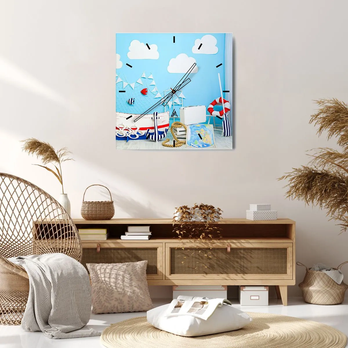 Reloj de pared - Reloj de vidrio - Decoración náutica con barco y accesorios sobre fondo azul. - 30x30cm - El ansia de aventura de un niño - Decoración de pared moderna para salón y dormitorio ARTTOR