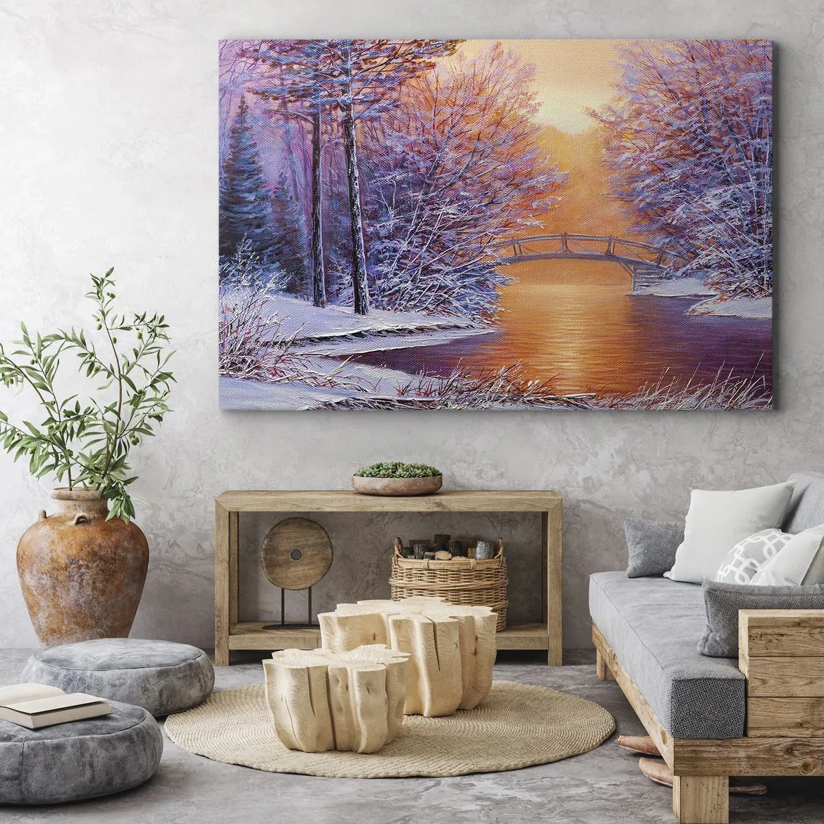 Cuadro sobre lienzo - Impresión de Imagen - Paisaje invernal con puente y puesta de sol - 120x80cm - Reunámonos aquí - Decoración de pared moderna para salón y dormitorio ARTTOR