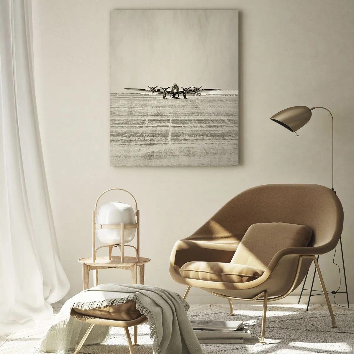 Cuadro sobre vidrio - Impresiones sobre Vidrio - Avión histórico en el aeropuerto en sepia - 80x120cm - Como siempre, preparado - Decoración de pared moderna para salón y dormitorio ARTTOR