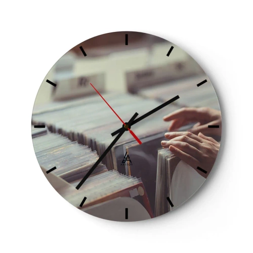 Reloj de pared - Reloj de vidrio - Buscando vinilos en una tienda de música - 30x30cm - En busca de emociones - Decoración de pared moderna para salón, cocina y dormitorio ARTTOR
