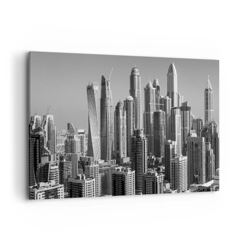 Cuadro sobre lienzo - Impresión de Imagen - Panorama de rascacielos modernos en tonos monocromáticos. - 100x70cm - Ciudad sobre el desierto - Decoración de pared moderna para salón y dormitorio ARTTOR