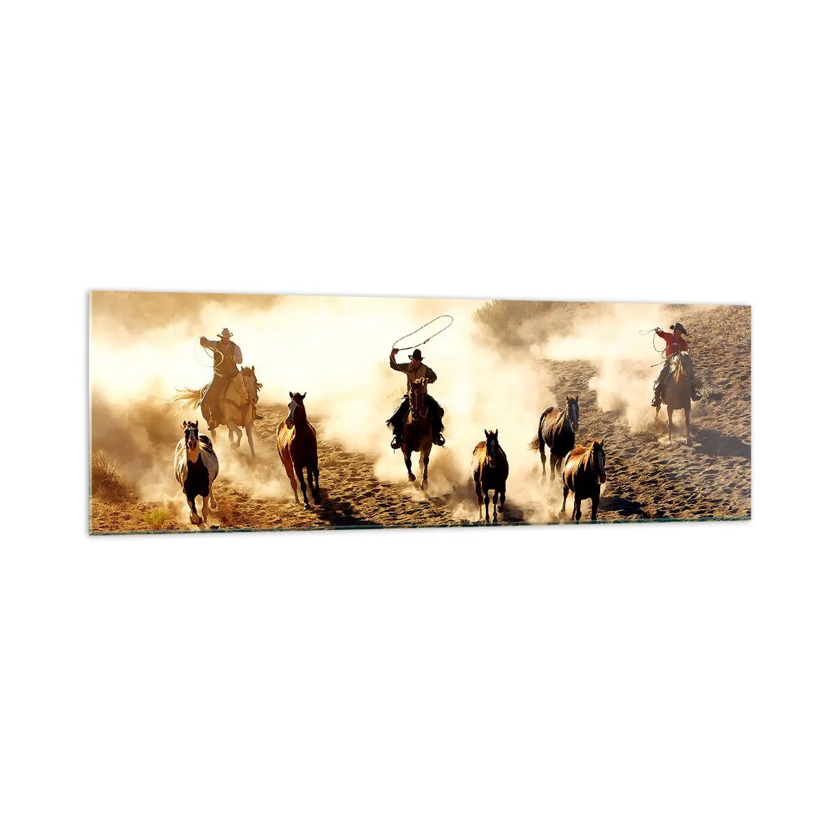 Cuadro sobre vidrio - Impresiones sobre Vidrio - Vaqueros a caballo en acción en el terreno desértico. - 160x50cm - El salvaje oeste - Decoración de pared moderna para salón y dormitorio ARTTOR