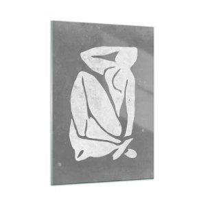 Cuadro sobre vidrio - Impresiones sobre Vidrio - Una silueta minimalista de una mujer sobre un fondo gris. - 50x70cm - En sus pensamientos - Decoración de pared moderna para salón y dormitorio ARTTOR