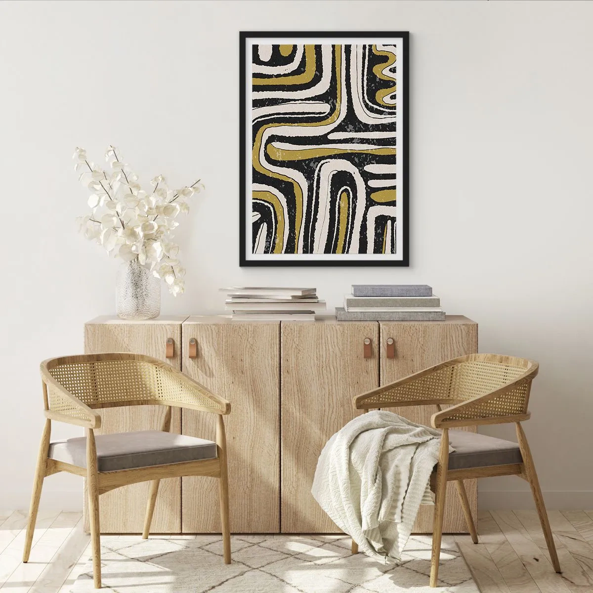Póster en marco negro - Abstracción geométrica en negro, beige y dorado. - 50x70cm - Composición: tramos y callejones - Decoración de pared moderna para salón y dormitorio ARTTOR