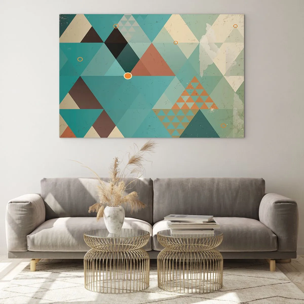 Cuadro sobre vidrio - Impresiones sobre Vidrio - Geometría en tonos turquesa y marrón con triángulos. - 100x70cm - Uno para todos y todos para uno - Decoración de pared moderna para salón y dormitorio ARTTOR