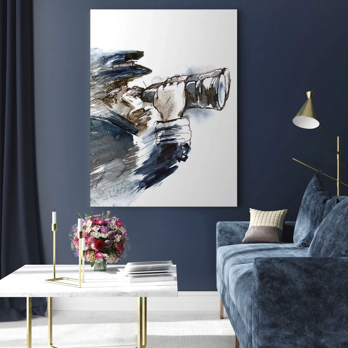 Cuadro sobre vidrio - Impresiones sobre Vidrio - Un capitán con binoculares en una dinámica escena de acuarela. - 80x120cm - Tierra a la vista - Decoración de pared moderna para salón y dormitorio ARTTOR