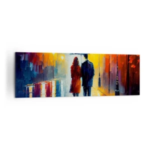 Cuadro sobre lienzo - Impresión de Imagen - Una pareja bajo un paraguas caminando por una colorida ciudad nocturna. - 160x50cm - Juntos en una noche llena de color - Decoración de pared moderna para salón y dormitorio ARTTOR