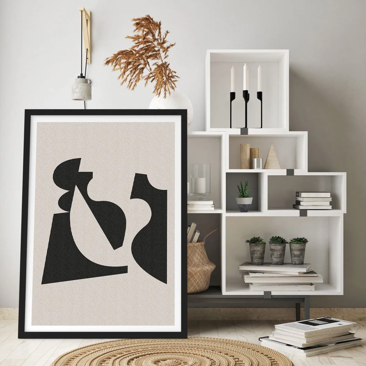 Póster en marco negro - Composición geométrica abstracta en negro y beige. - 50x70cm - Para automontaje - Decoración de pared moderna para salón y dormitorio ARTTOR