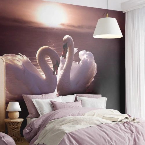 Fotomural Premium Canvas - Dos cisnes en un lago tranquilo al atardecer - 100x70cm - Hasta que la muerte nos separe - Decoración de pared moderna para salón y dormitorio ARTTOR