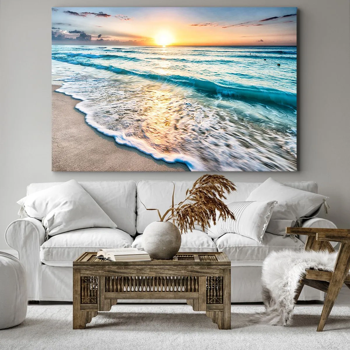 Cuadro sobre lienzo - Impresión de Imagen - Amanecer sobre una playa tranquila con olas. - 120x80cm - Un espectáculo digno de ver - Decoración de pared moderna para salón y dormitorio ARTTOR