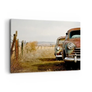 Cuadro sobre lienzo - Impresión de Imagen - Dos coches viejos en un camino de tierra junto a una valla de madera. - 100x70cm - Un merecido descanso - Decoración de pared moderna para salón y dormitorio ARTTOR