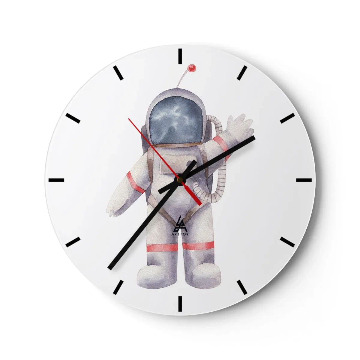 Reloj de pared - Reloj de vidrio - Ilustración de un cosmonauta con la mano levantada sobre un fondo blanco. - 30x30cm - Esto es todo por ahora - Decoración de pared moderna para salón, cocina y dormitorio ARTTOR