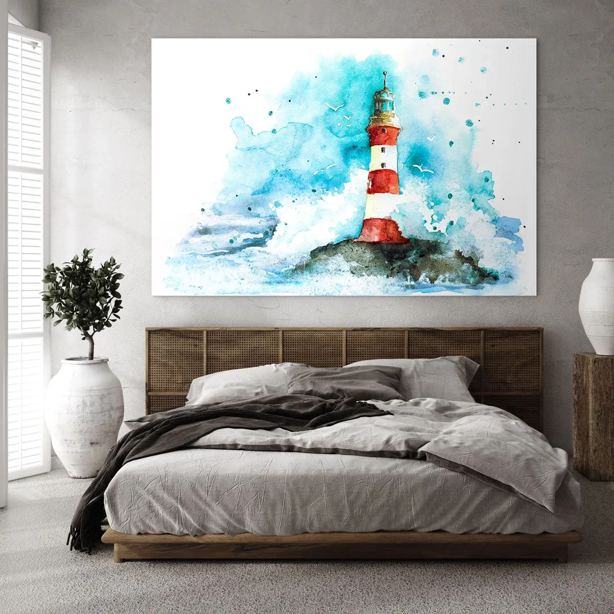 Cuadro sobre vidrio - Impresiones sobre Vidrio - Un faro rodeado de olas del mar en estilo acuarela. - 100x70cm - La unidad de los elementos - Decoración de pared moderna para salón y dormitorio ARTTOR