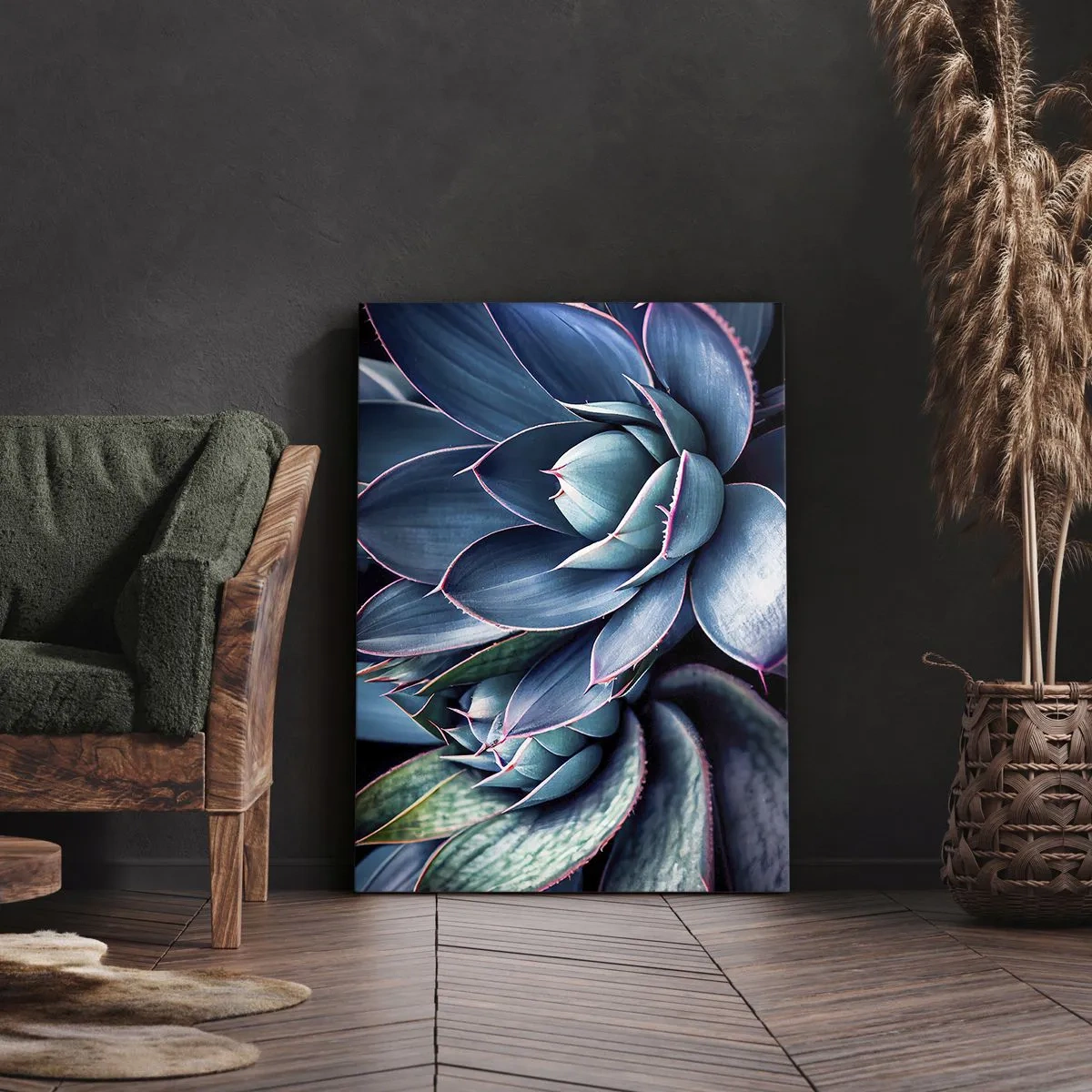 Cuadro sobre lienzo - Impresión de Imagen - Agave en tonos azules y verdes con acentos rosados. - 50x70cm - Fuerza vital - Decoración de pared moderna para salón y dormitorio ARTTOR
