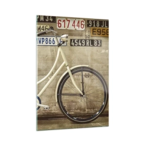 Cuadro sobre vidrio - Impresiones sobre Vidrio - Una bicicleta vieja contra una pared con matrículas. - 50x70cm - No hay complejos - Decoración de pared moderna para salón y dormitorio ARTTOR
