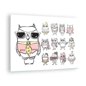 Cuadro sobre vidrio - Impresiones sobre Vidrio - Dibujos divertidos de búhos en varios estilos. - 70x50cm - Tantos papeles que desempeñar - Decoración de pared moderna para salón y dormitorio ARTTOR