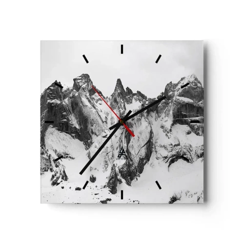 Reloj de pared - Reloj de vidrio - Picos de montañas nevados en blanco y negro - 30x30cm - Cresta amenazante - Decoración de pared moderna para salón y dormitorio ARTTOR