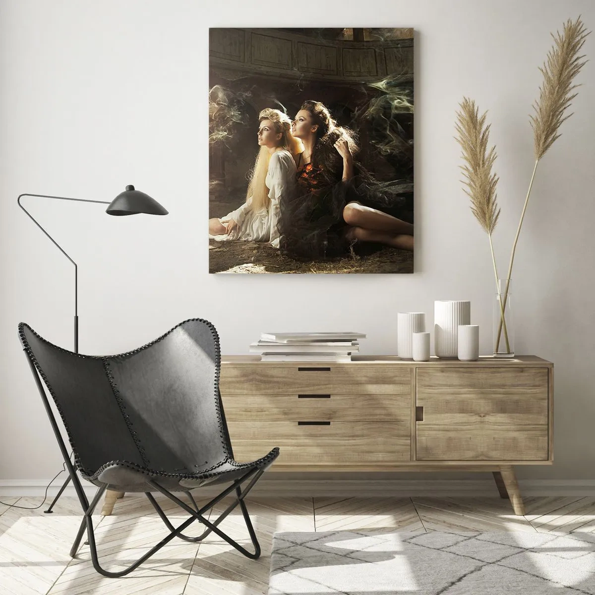 Cuadro sobre vidrio - Impresiones sobre Vidrio - Dos mujeres con un fénix ardiente en un entorno mágico - 50x70cm - Y hubo poesía - Decoración de pared moderna para salón y dormitorio ARTTOR