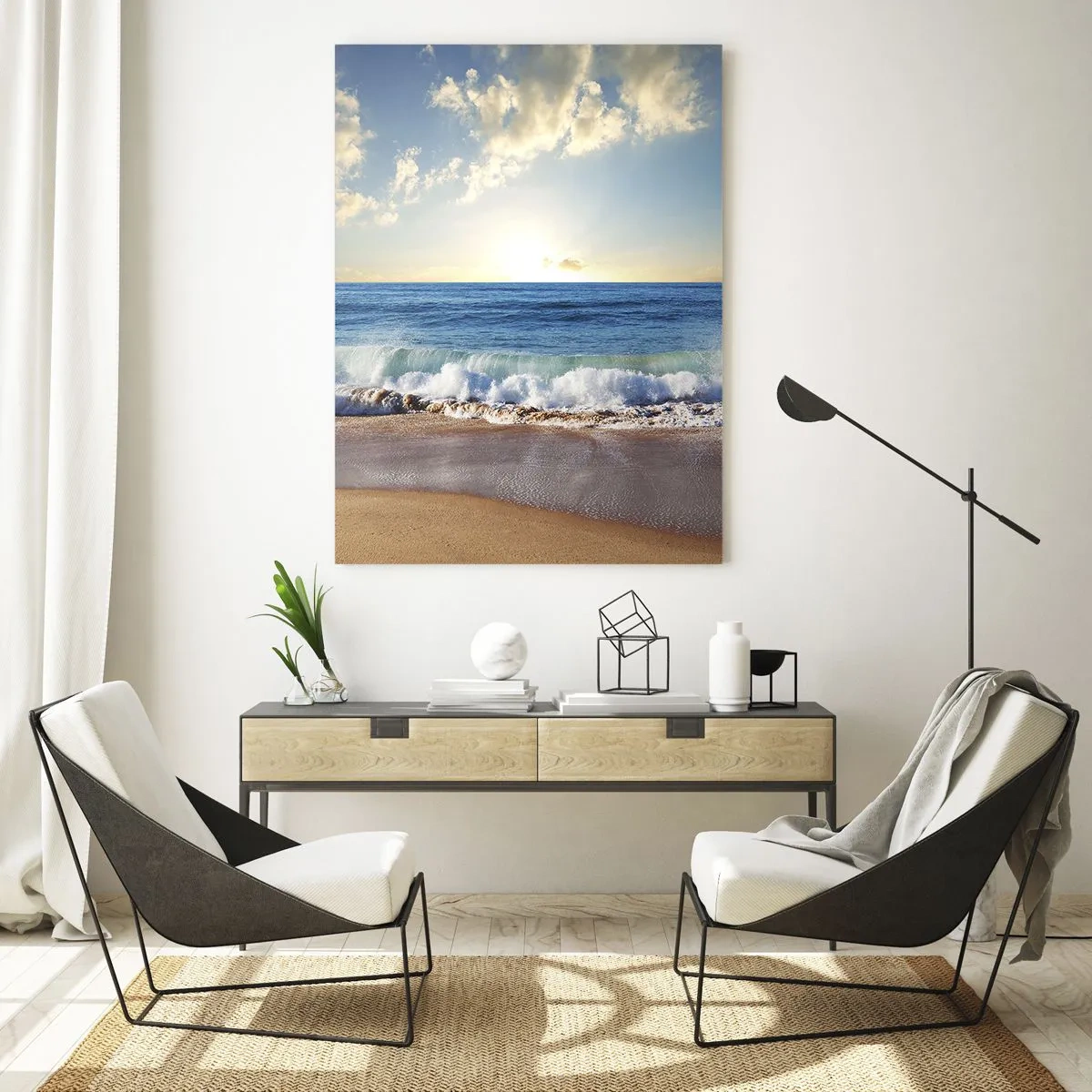 Cuadro sobre vidrio - Impresiones sobre Vidrio - Una playa soleada con olas rompiendo en la orilla. - 80x120cm - Movimiento y quietud al mismo tiempo - Decoración de pared moderna para salón y dormitorio ARTTOR