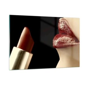 Cuadro sobre vidrio - Impresiones sobre Vidrio - Labios sensuales con lápiz labial carmesí sobre un fondo oscuro. - 120x80cm - Sensualidad y brillo del carmín - Decoración de pared moderna para salón y dormitorio ARTTOR