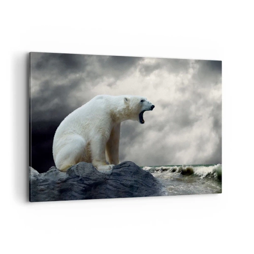 Cuadro sobre lienzo - Impresión de Imagen - Un oso polar en las rocas sobre un mar tempestuoso. - 120x80cm - El solitario rey del Ártico - Decoración de pared moderna para salón y dormitorio ARTTOR