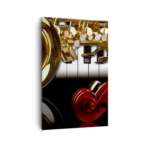 Cuadro sobre lienzo - Impresión de Imagen - Un saxofón dorado, teclas de piano y un violín rojo. - 80x120cm - Chapa, madera y marfil - Decoración de pared moderna para salón y dormitorio ARTTOR