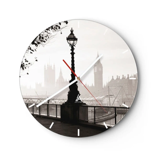 Reloj de pared - Reloj de vidrio - Un faro en el Támesis con el horizonte de Londres al fondo - 30x30cm - La mañana de Londres - Decoración de pared moderna para salón, cocina y dormitorio ARTTOR