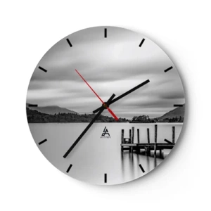 Reloj de pared - Reloj de vidrio - Paisaje en blanco y negro con un lago y un muelle de madera. - 30x30cm - Dulzura y la fuerza - Decoración de pared moderna para salón, cocina y dormitorio ARTTOR