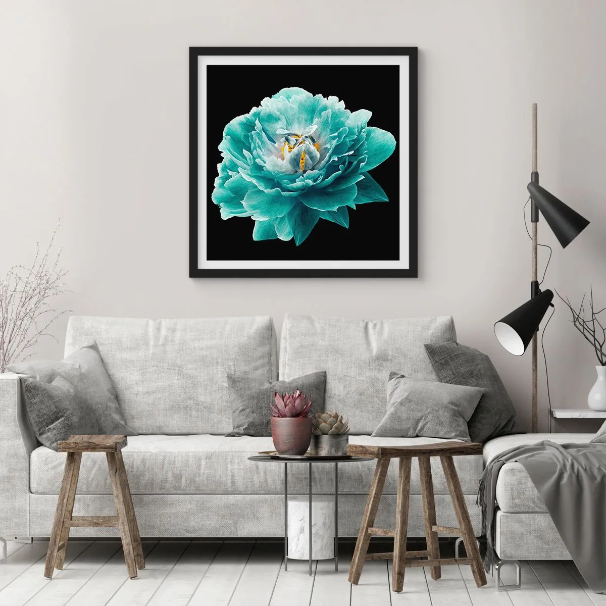 Póster en marco negro - Pétalos azules y dorados - 30x30 cm